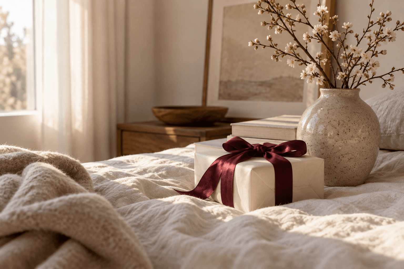 A cream-wrapped gift with an oxblood ribbon beside blossom branches and ceramics